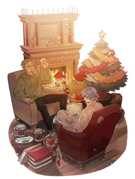 1girl 3boys beard black_pants blonde_hair blue_hair blue_sweater blush bone book book_stack cable_knit candy candy_cane chair christmas christmas_tree clock closed_eyes couple cup dwarf eisen_(sousou_no_frieren) facial_hair fireplace food frieren glasses gon_(imrower) green_sweater grey_hair hair_slicked_back hat heiter hetero highres himmel_(sousou_no_frieren) holding holding_book holding_candy holding_candy_cane holding_cup holding_food knit_sweater looking_at_another mug multiple_boys pants parted_bangs reading red_sweater santa_hat short_hair sitting sitting_on_lap sitting_on_person smile snowman sousou_no_frieren sparkle staff sweater twintails white_background white_sweater wooden_floor