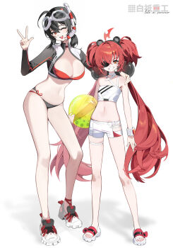 2girls adcd animal_ear_hairband animal_ears armband ball bare_shoulders bear_ear_hairband bear_ears bikini black_hair blush breasts diving_mask diving_mask_on_head eyepatch fake_animal_ears goggles goggles_on_head grace_howard hair_ornament hairband hand_on_another's_shoulder highres koleda_belobog large_breasts long_hair looking_at_viewer multiple_girls navel one_eye_closed open_mouth orange_eyes red_hair shoes short_hair shorts smile sphere_hair_ornament standing stomach swimsuit teeth thigh_strap twintails upper_teeth_only w white_background white_bikini white_shoes white_shorts zenless_zone_zero