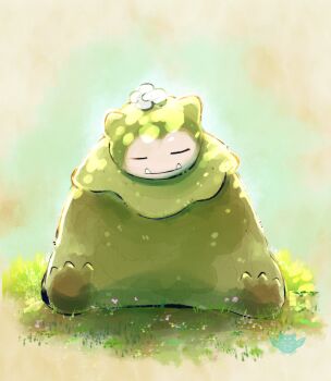 =_= absurdres closed_eyes flower flower_on_head full_body gen_1_pokemon grass highres kai_enma moss mosslax nintendo no_humans on_grass pokemon pokemon_(creature) pokemon_focus pokemon_pokopia sitting sleeping snorlax solo
