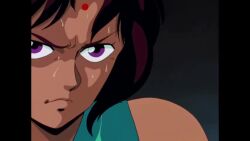 Rule 34 | 1980s (style), 1girl, animated, ass, breasts, broad shoulders, completely nude, dirty pair, facial mark, female focus, forehead mark, full body, highres, injection, leotard, medium breasts, muscle growth, muscular, muscular female, nude, oldschool, purple eyes, retro artstyle, sandra guts, short hair, solo, sound, sweat, tagme, thick thighs, thighs, torn clothes, video, wristband