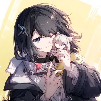 2girls arknights arknights:_endfield black_eyes black_hair black_jacket blue_eyes closed_mouth commentary endministrator_(arknights) female_endministrator_(arknights) grey_hair hashtag-only_commentary hibioes highres holding holding_mini_person jacket long_hair looking_at_viewer mini_person multiple_girls one_eye_closed perlica_(arknights) short_hair sweater upper_body white_sweater