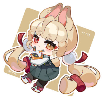 1girl :< absurdres alice_thymefield animal_ears bangboo_(zenless_zone_zero) black_pantyhose blonde_hair character_name chibi commentary_request eous_(zenless_zone_zero) green_skirt hair_ornament heterochromia highres hug long_hair long_sleeves looking_at_viewer pantyhose pleated_skirt rabbit_ears rabbit_girl red_eyes shirt shoes simple_background skirt sphere_hair_ornament square twintails white_shirt white_shoes wzoarrylmovmuju yellow_eyes zenless_zone_zero