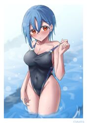 Rule 34 | 1girl, absurdres, artist name, black one-piece swimsuit, blue hair, blue one-piece swimsuit, blush, border, breasts, cleavage, clothes pull, collarbone, commentary request, competition swimsuit, covered navel, earrings, hair between eyes, highleg, highleg swimsuit, highres, jewelry, looking at viewer, love live!, love live! superstar!!, medium breasts, multicolored clothes, multicolored swimsuit, one-piece swimsuit, one-piece swimsuit pull, orange eyes, outdoors, partially submerged, pool, rikka006, short hair, solo, standing, stud earrings, swim ring, swimsuit, variant set, wading, wakana shiki, water, wet, wet clothes, wet swimsuit, white border, white one-piece swimsuit