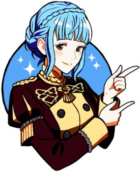 1girl absurdres blue_hair blush breasts brown_eyes double_finger_gun finger_gun fire fire_emblem fire_emblem:_three_houses garreg_mach_monastery_uniform highres light_smile marianne_von_edmund medium_breasts nekomoni nintendo pointing pointing_to_the_side self-upload simple_background smile solo sparkle sticker