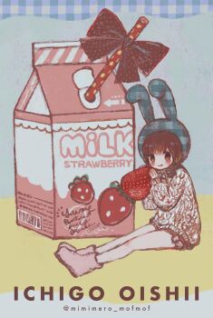 1girl animal_ears animal_hood aran_sweater boots bow brown_eyes brown_hair cable_knit commentary_request drink_carton drinking_straw ecomimi fake_animal_ears food fruit full_body highres holding holding_food holding_fruit hood licking_lips long_sleeves milk_carton original oversized_food oversized_object rabbit_hood romaji_text shorts strawberry strawberry_milk sweater tongue tongue_out