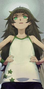 1girl bad_tag bare_shoulders blunt_bangs collar from_below green_collar green_eyes green_hair green_trim highres hiyajou_maho indoors long_hair long_sleeves looking_at_viewer menomorute messy_hair open_mouth science_adventure shirt smile solo steins;gate steins;gate_0 tank_top thick_eyebrows tongue very_long_hair