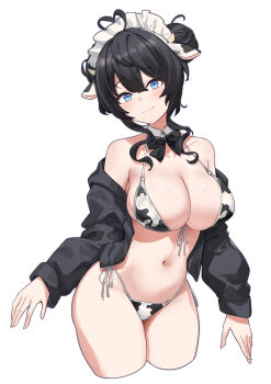 1girl absurdres ahoge animal_ears animal_print aningay astolfo_(fate) astolfo_(fate)_(cosplay) astolfo_(memories_at_trifas)_(fate) astolfo_(saber)_(fate) astolfo_(saber)_(first_ascension)_(fate) astolfo_(saber)_(third_ascension)_(fate) astolfo_(sailor_paladin)_(fate) astolfo_(third_ascension)_(fate) bare_shoulders bikini black_bow black_bowtie black_hair black_jacket blue_eyes blush bow bowtie breasts cleavage closed_mouth commentary cow_ears cow_print cow_print_bikini cropped_legs detached_collar double_bun english_commentary fake_animal_ears front-tie_bikini_top front-tie_top hair_bun head_tilt heart heart_ahoge highres jacket large_breasts long_hair long_sleeves looking_at_viewer maid_headdress navel open_clothes open_jacket original print_bikini ribbon side-tie_bikini_bottom sidelocks simple_background smile solo swimsuit white_background white_ribbon