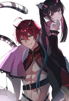 Rule 34 | 2boys, abs, absurdres, animal ears, cho kaguya-hime!, commentary request, crossdressing, crossdressing (mtf), detached sleeves, face piercing, highres, horns, komazawa noi, kumuuu, lip piercing, looking at viewer, mikado akira (cho kaguya-hime!), multiple boys, piercing, pink eyes, tail, twintails, white background, yellow eyes