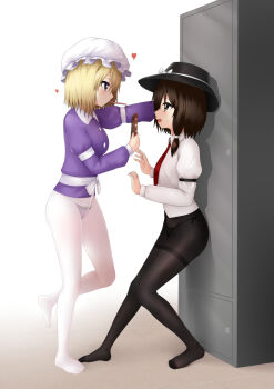 2girls black_panties black_pantyhose blonde_hair bow breasts brown_eyes brown_hair collared_shirt commentary doge_(jkdoge) dress food food_in_mouth hat hat_bow heart height_difference highres leg_up long_sleeves maribel_hearn medium_breasts medium_hair mob_cap mouth_hold multiple_girls necktie open_mouth panties panties_under_pantyhose pantyhose pocky pocky_in_mouth purple_dress purple_eyes purple_panties red_necktie shirt simple_background smile standing standing_on_one_leg sweatdrop symbol-only_commentary touhou underwear usami_renko variant_set white_background white_bow white_hat white_pantyhose white_shirt yuri