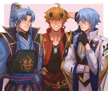 3boys ahoge arm_guards armor artist_name belt black_gloves black_shirt blonde_hair blue_eyes blue_hair blue_kimono blue_sash blush border breastplate brown_belt chalseu closed_mouth commentary cropped_jacket design_speculation dog_tags dual_persona earrings embarrassed english_commentary eyeshadow fake_horns genshin_impact gloves green_eyes grin hair_between_eyes hair_ornament hair_over_shoulder hand_on_own_chin hand_on_own_head hand_up headband high_ponytail highres horned_headwear horns jacket japanese_armor japanese_clothes jewelry kamisato_ayato kimono lapels long_hair long_sleeves looking_at_another makeup male_focus medium_hair mole mole_under_eye mole_under_mouth multiple_boys necklace nervous_smile nose_blush obi open_clothes open_jacket outside_border parted_bangs pink_background ponytail red_eyeshadow red_jacket rope sash shirt shoulder_armor sidelocks simple_background single_sode smile sode stud_earrings teeth thoma_(genshin_impact) vision_(genshin_impact) white_border white_jacket wide_sleeves