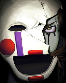 Rule 34 | 1girl, black tears, blush stickers, brown eyes, brown hair, charlotte emily, commentary, cracked kawaii mask, cracked mask, crying, five nights at freddy's, five nights at freddy's 2 (2025 movie), hashtag-only commentary, looking at viewer, mask, poliling1, streaming tears, tears, the puppet (fnaf)