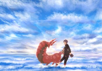 1boy black-framed_eyewear black_hair black_jacket black_pants blue_sky bug closed_eyes closed_mouth cloud collared_shirt corbeau_(pokemon) eyewear_strap gen_5_pokemon glasses highres holding holding_shoes holding_unworn_clothes horns jacket long_sleeves natu_a0z0ra necktie nintendo open_clothes open_jacket outdoors pants parted_hair pokemon pokemon_(creature) pokemon_legends:_z-a purple_hair round_eyewear scolipede shirt shoes short_hair sky smile unworn_shoes water white_necktie