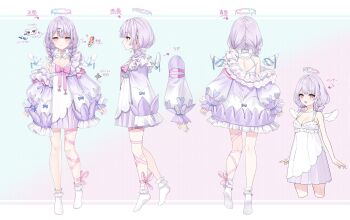 1girl :3 :d absurdres ankle_ribbon blue_background blue_halo blue_ribbon blunt_bangs blush border bow braid breasts cleavage collar commentary_request detached_wings dress dress_bow ear_chain ear_piercing earrings frilled_collar frilled_dress frilled_jacket frilled_socks frills gradient_background hair_ornament hairclip hairpin halo heart heart_hair_ornament highres indie_virtual_youtuber jacket jacket_ribbon jewelry leg_ribbon letterboxed linked_piercing liquid_halo long_sleeves low_twin_braids medium_breasts mini_wings multiple_hairpins multiple_views no_shoes off_shoulder official_art open_mouth piercing pink_background pink_bow pink_eyes pink_halo pink_ribbon puffy_long_sleeves puffy_sleeves purple_hair purple_jacket purple_nails rabbit_hair_ornament reference_sheet ribbon second-party_source single_off_shoulder sleeveless sleeveless_dress smile socks stud_earrings sundress thigh_ribbon translation_request turnaround twin_braids virtual_youtuber white_border white_collar white_dress white_socks wing_earrings wing_hair_ornament wing_ribbon wings yumeiri_reyu yuya_(night_lily)