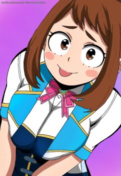 1girl blush_stickers boku_no_hero_academia breasts brown_eyes brown_hair discord_username female_focus highres large_breasts pink_background reddit_username short_hair sidelocks sneakyklee solo tongue tongue_out uraraka_ochako