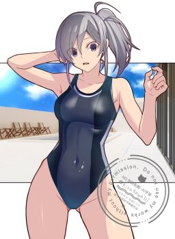 1girl 3d_background arm_behind_head armpit_crease armpits artist_name blue_one-piece_swimsuit breasts commentary covered_navel cowboy_shot gluteal_fold grey_hair groin high_ponytail highres hirakawa medium_breasts melty_blood one-piece_swimsuit open_mouth ponytail pool purple_eyes riesbyfe_stridberg sidelocks solo swimsuit tsukihime watermark