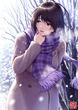1girl :d ahoge bare_tree black_hair breath brown_coat buttons coat commentary_request hair_between_eyes hand_in_pocket hand_up highres lioreo long_sleeves open_mouth original outdoors plaid_clothes plaid_scarf purple_scarf scarf smile snowing standing tongue tree watermark winter