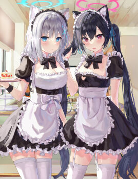 2girls alternate_costume animal_ear_fluff animal_ears apron arm_behind_back black_bow black_dress black_hair blue_archive blue_eyes blue_halo blue_ribbon blush bow breasts cat_ears cat_girl cleavage closed_mouth commentary detached_collar dress english_commentary garter_belt hair_between_eyes hair_ribbon halo highres holding holding_tray lazyramen long_hair maid maid_apron maid_headdress multiple_girls open_mouth pink_halo puffy_short_sleeves puffy_sleeves red_eyes ribbon serika_(blue_archive) shiroko_(blue_archive) short_sleeves tail thighhighs tray twintails white_garter_belt white_hair white_thighhighs wolf_girl wolf_tail
