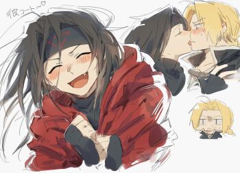 2boys androgynous black_gloves black_hair blonde_hair blue_headband blush chibi closed_eyes coat cropped_torso edward_elric envy_(fma) fullmetal_alchemist gloves happy headband highres multiple_boys multiple_views open_mouth red_coat rejected_kiss resisting smile sski_0 sweat sweater upper_body white_background