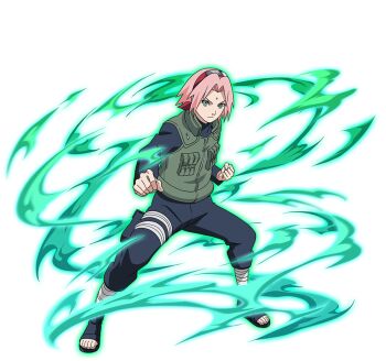 Rule 34 | 1girl, black boots, black pants, black shirt, boots, clenched hands, flak jacket, forehead protector, full body, green eyes, haruno sakura, jacket, looking at viewer, naruto (series), naruto shippuuden: ultimate ninja blazing, official art, open-toe boots, pants, pink hair, shirt, short hair, solo