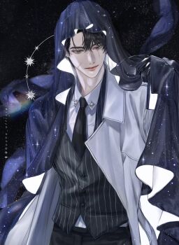 Rule 34 | 1boy, black eyes, black gloves, black hair, black necktie, black vest, cloak, coat, collared shirt, galaxy, gloves, halo, halo behind head, highres, hood, hood up, hooded cloak, male focus, necktie, noche official, omniscient reader&#039;s viewpoint, orbital path, scar, scar across eye, scar on face, secretive plotter, shirt, short hair, sky, solo, space, star (sky), starry sky, starry sky print, striped clothes, striped vest, vertical-striped clothes, vertical-striped vest, vest, white coat, white shirt, yoo joonghyuk