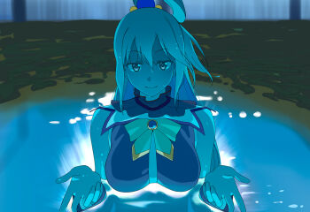 1girl a1_(initial-g) aqua_(konosuba) blue_eyes blue_hair blush breasts chainsaw_man closed_mouth hair_ornament hair_rings i&#039;ll_teach_you_everything_(chainsaw_man) kono_subarashii_sekai_ni_shukufuku_wo! large_breasts long_hair looking_at_viewer parody partially_submerged smile solo sphere_hair_ornament water wet
