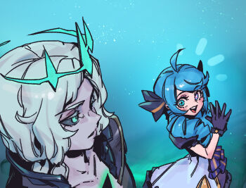 Rule 34 | 1boy, 1girl, :d, ahoge, black dress, black gloves, black sclera, bow, colored sclera, colored skin, dress, gloves, green eyes, green hair, grey dress, grey hair, grey skin, gwen (league of legends), hair bow, league of legends, notice lines, open mouth, phantom ix row, puffy short sleeves, puffy sleeves, short hair, short sleeves, smile, teeth, upper teeth only, viego (league of legends)