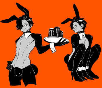 1boy animal_ears black_hair bulge collar cropped_legs ear_piercing earrings fucafucamold greyscale_with_colored_background hair_over_one_eye high_heels jewelry male_focus male_playboy_bunny monster_energy multicolored_hair multiple_views nipples orange_background original piercing rabbit_ears reverse_bunnysuit reverse_outfit short_hair streaked_hair toned toned_male