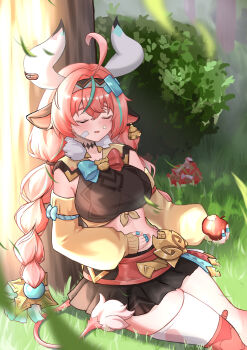 1girl absurdres against_tree ahoge animal_ears apple apple_core aqua_hair bandaid bell bitten_apple black_skirt braid breasts bush closed_eyes commentary_request cow_ears cow_girl cow_horns cow_tail cowbell detached_sleeves food food_bite food_on_face fruit genshin_impact grass hairband hand_on_own_stomach highres holding holding_food holding_fruit horns large_breasts long_hair mako_(cvyt5325) multicolored_hair on_ground open_mouth outdoors pink_hair single_thighhigh skirt solo stomach streaked_hair tail thighhighs tree twin_braids varesa_(genshin_impact) yellow_sleeves