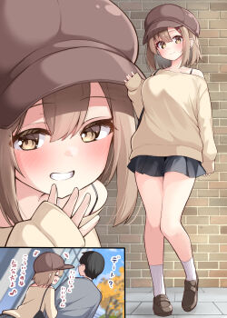 1boy 1girl :d black_skirt blonde_hair blush breasts brick_wall brown_eyes brown_hat brown_shoes closed_mouth commentary_request double-parted_bangs full_body hair_between_eyes hair_ornament hairclip hand_up hat highres large_breasts loafers long_sleeves looking_at_viewer miniskirt ominaeshi_(takenoko) open_mouth original parallel_hairclips pleated_skirt ribbed_socks shoes short_hair sidelocks skirt smile socks standing sweater translation_request waving white_socks yellow_sweater