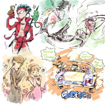 2boys 2girls 3boys 6+boys beast_boy_(dc) black_hair blonde_hair car cartoon_network crossover cyborg cyborg_(dc) dark_skin date_masamune_(sengoku_basara) dc_comics dick_grayson domino_mask driving english_text engrish_text eye_mask eyepatch headscarf heart helmet highres image_sample kasuga_(sengoku_basara) katakura_kojuurou_(sengoku_basara) kitaya kitten_(teen_titans) mask monkey motor_vehicle multiple_boys multiple_girls one-eyed open_clothes open_shirt pixiv_sample ranguage resized robin_(dc) sanada_yukimura_(sengoku_basara) sengoku_basara shirt sword teen_titans weapon