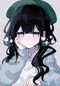 1girl beret black_hair blunt_bangs blush book_off cable_knit cardigan closed_mouth commentary_request double-parted_bangs elbow_rest green_cardigan green_hat green_scrunchie grey_eyes hair_ornament hair_scrunchie hand_on_own_face hat head_rest heart kurobe_nanoka long_hair long_sleeves looking_at_viewer mahou_shoujo_no_majo_saiban nachiya0817 official_alternate_costume open_cardigan open_clothes scrunchie shirt smile solo twintails upper_body white_shirt