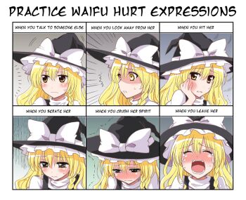 1girl abuse blonde_hair blush braid chart closed_eyes commentary crying expression_chart multiple_expressions female_focus hard-translated hat kirisame_marisa nervous open_mouth photoshop_(medium) sad sakurai_makoto sakurai_makoto_(custom_size) shaded_face sweatdrop tears third-party_edit touhou translated trembling wavy_mouth witch witch_hat yellow_eyes