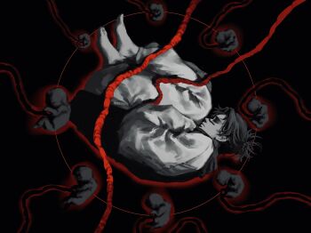 Rule 34 | 1boy, absurdres, bh20647, black background, choso (jujutsu kaisen), closed mouth, facial mark, fetal position, fetus, from side, greyscale, highres, jujutsu kaisen, male focus, monochrome, robe, short hair, short twintails, simple background, socks, twintails, umbilical cord, white socks