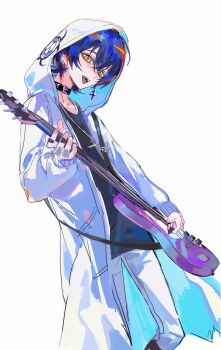 1girl absurdres binxngchng1 biohazard_symbol black_collar black_hair black_shirt chinese_commentary coat collar cowboy_shot cross cross_necklace guitar hair_between_eyes highres holding holding_guitar holding_instrument holding_plectrum hood hooded_coat instrument jewelry long_sleeves looking_at_viewer music necklace open_clothes open_coat open_mouth pants playing_instrument plectrum rei_shimobe reverse_trap ring shirt short_hair shuten_order simple_background smile solo teeth upper_teeth_only white_background white_coat white_pants yellow_eyes