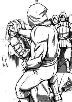 against_wall arbalest_(darkest_dungeon) arms_behind_back bdsm bondage bound clenched_teeth cum cum_in_pussy darkest_dungeon drd hand_on_another's_head hand_on_own_hip hood hood_up queue rape scar sex sex_from_behind sketch slave standing standing_sex tally teeth torn_clothes