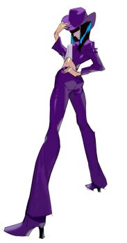 1girl back black_hair blunt_bangs cowboy_hat crop_top cropped_jacket full_body hand_on_own_hat hat high_heels highres jacket nico_robin one_piece pants purple_hat purple_jacket purple_pants simple_background solo taobuliaoke white_background