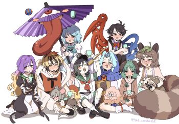 Rule 34 | 6+girls, :3, animal ears, arm support, asymmetrical wings, bead necklace, beads, black dress, black hair, black shoes, black thighhighs, blonde hair, blue hair, blue hood, blue vest, blush, blush stickers, bow, bowtie, brown dress, capelet, closed eyes, commentary request, cross-laced clothes, cross-laced dress, crossed ankles, crossed arms, cup, dog ears, dog girl, dress, drunk, fang, futatsuiwa mamizou, glasses, gradient hair, green eyes, grey hair, hagoromo, hair ornament, half-closed eyes, highres, hijiri byakuren, hishaku, holding, holding cup, holding umbrella, jewelry, jitome, juliet sleeves, karakasa obake, kasodani kyouko, kepona, kumoi ichirin, leaf hair ornament, long hair, long sleeves, looking at viewer, lotus hair ornament, mouse ears, mouse girl, mouse tail, multicolored hair, multiple girls, murasa minamitsu, nazrin, neckerchief, necklace, nue, one eye closed, open mouth, orange vest, pants, parted bangs, pince-nez, pink capelet, pointy ears, puffy sleeves, purple hair, raccoon ears, raccoon girl, raccoon tail, red bow, red bowtie, red eyes, red neckerchief, red pendant, round eyewear, sailor collar, sailor shirt, seiza, shawl, shirt, shoes, short hair, shorts, simple background, sitting, sleeping, sleeping on person, sleeveless, sleeveless dress, smile, snake, socks, straight-on, sweatdrop, tail, tareme, tatara kogasa, thighhighs, toramaru shou, touhou, two-tone dress, two-tone hair, umbrella, undefined fantastic object, unzan, vest, white background, white dress, white pants, white shirt, white shoes, white shorts, white socks, wings