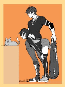 Rule 34 | 03 kyv, 1boy, 1girl, artist name, belle (zenless zone zero), bent over, black jacket, black shirt, black thighhighs, border, cat, commentary request, dog tags, earrings, from side, grey cat, greyscale with colored background, hair between eyes, highres, holding, holding unworn clothes, holding unworn jacket, jacket, jewelry, lighter (zenless zone zero), looking at animal, monochrome, orange background, shirt, short hair, sunglasses, thighhighs, unworn jacket, yellow border, zenless zone zero