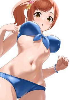 1girl bead_bracelet beads bikini blue_bikini bracelet breasts brown_eyes commentary_request cowboy_shot fascinate_kyrie flower front-tie_bikini_top front-tie_top hair_flower hair_ornament highres idolmaster idolmaster_cinderella_girls igarashi_kyoko jewelry looking_at_viewer medium_breasts navel orange_hair parted_lips pink_flower side_ponytail simple_background solo stomach swimsuit white_background yellow_flower