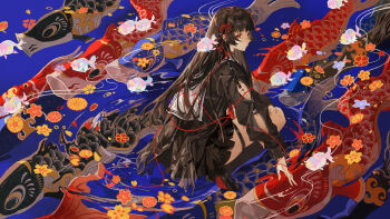 1girl absurdres arm_cutout black_hair black_jacket black_shoes black_skirt chinese_commentary chisa_(wuthering_waves) clothing_cutout commentary_request from_side full_body hair_ribbon highres jacket koi long_hair long_sleeves red_eyes red_ribbon ribbon sailor_collar shoes skirt solo squatting tacet_mark_(wuthering_waves) thigh_strap white_sailor_collar wuthering_waves xiaolumiaoliya