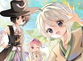 3others ;3 ahoge androgynous ascot bare_shoulders black_coat black_eyes black_hair black_hat black_kimono blue_sky brown_ascot brown_coat child closed_mouth coat collared_coat collared_shirt commentary cowboy_shot day detached_sleeves dress enraku_tsubakura eye_of_senri eyelashes frilled_dress frills ghost ghost_(len&#039;en) green_hakama grey_hair hakama hakama_skirt hand_on_own_hip hand_up happy hat highres houlen_yabusame japanese_clothes jinbei_(clothes) jitome kimono lapels layered_sleeves len&#039;en light_blush light_smile long_sleeves multiple_others nagi_0sa0 neck_ribbon notched_lapels one-eyed one_eye_closed open_mouth other_focus outdoors pink_eyes pink_hair puffy_short_sleeves puffy_sleeves red_ribbon ribbon ribbon-trimmed_coat ribbon_trim shion_(len&#039;en) shirt short_hair short_hair_with_long_locks short_over_long_sleeves short_sleeves skirt sky sleeveless sleeveless_coat sleeveless_dress sleeveless_shirt smile standing symbol-only_commentary tareme top_hat triangular_headpiece upper_body waving white_dress white_shirt white_sleeves wide_sleeves