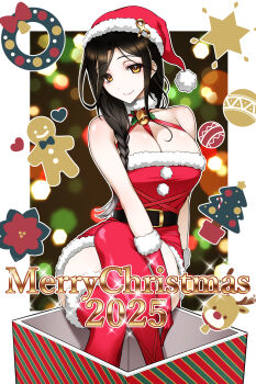 1girl absurdres blush braid breasts brown_hair christmas commentary_request dress fur-trimmed_dress fur-trimmed_headwear fur_trim grey_hair hair_over_one_eye hat highres koishikawa large_breasts long_braid long_hair looking_at_viewer multicolored_hair nijisanji orange_eyes red_dress santa_costume santa_dress santa_hat shirayuki_tomoe single_braid smile virtual_youtuber