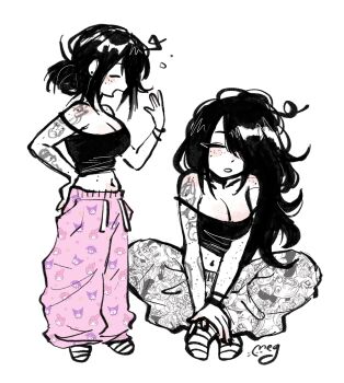 1girl absurdres artist_self-insert baggy_pants black_hair highres megrocks multiple_views navel original pants sleepy tattoo white_background