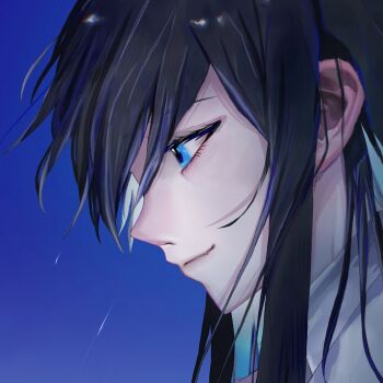 1girl ado_(utaite) black_hair blue_background blue_eyes carlos_jpg chando_(ado) closed_mouth commentary fang hashtag-only_commentary highres long_hair sidelocks skin_fang solo utaite