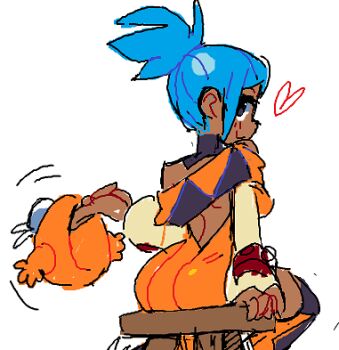 1girl ass blue_hair cerebella_(skullgirls) dark-skinned_female dark_skin dress from_behind hat heart looking_at_viewer looking_back mercysstrap ponytail short_dress sitting sketch skullgirls smile solo stool unworn_hat unworn_headwear vice-versa_(skullgirls)