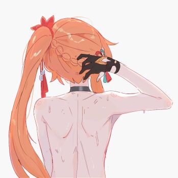 1girl black_gloves commentary english_commentary from_behind gloves grey_background guinaifen_(honkai:_star_rail) honkai:_star_rail honkai_(series) long_hair nude orange_hair side_ponytail simple_background solo sweat unfamousradish upper_body very_long_hair