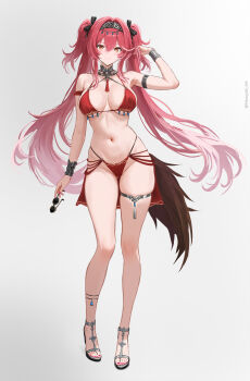 1girl alternate_costume armlet bare_legs bare_shoulders barefoot bikini black_bow bow breasts closed_mouth collar commentary english_commentary feet full_body gradient_hair groin hair_between_eyes hair_bow hairband hand_up haruyuki_(karem) highleg highleg_bikini highres holding holding_removed_eyewear jewelry legs long_hair looking_at_viewer lupa_(wuthering_waves) medium_breasts metal_collar metal_hairband multicolored_hair multiple_hair_bows nail_polish navel orange_eyes red_bikini sandals skindentation smile solo stomach sunglasses swimsuit tail thighlet thighs toenail_polish toenails toes twintails twitter_username unworn_eyewear very_long_hair wolf_tail wrist_guards wuthering_waves