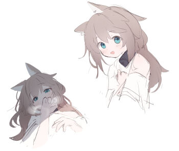 Rule 34 | 1girl, :d, absurdres, animal ears, black collar, blush, brown hair, collar, covered mouth, cropped torso, heavy breathing, highres, long hair, looking at viewer, multiple views, off shoulder, open mouth, original, riya (01214), shirt, short sleeves, simple background, sketch, smile, upper body, white background, white shirt