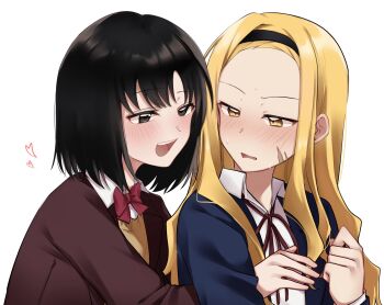 2girls black_eyes black_hair black_hairband blazer blonde_hair blue_jacket blush bow bowtie brown_jacket collared_shirt commentary_request hairband heart highres hug hug_from_behind jacket kirarazaka_marina kuze_shizuka long_hair multiple_girls neck_ribbon open_mouth parted_lips red_bow red_bowtie red_ribbon ribbon scar scar_on_face school_uniform shirt short_hair simple_background smile soani takopii_no_genzai white_background white_shirt yuri