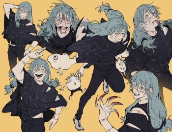 1boy :/ ^_^ arm_behind_head arm_up black_pants black_shirt blood blood_from_mouth blood_on_face blood_on_hands blue_eyes claws closed_eyes closed_mouth commentary cursed_spirit_(jujutsu_kaisen) grey_hair grin hair_between_eyes heterochromia highres holding jujutsu_kaisen long_hair mahito_(jujutsu_kaisen) male_focus mim_(mimya0600) multiple_views pants running shirt shoes smile stitched_arm stitched_face stitched_groin stitched_neck stitched_wrist stitches teeth white_shoes wide-eyed yellow_background yellow_eyes